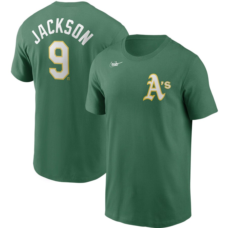 Oakland Athletics #9 Reggie Jackson Nike Cooperstown Collection Name & Number T-Shirt Green